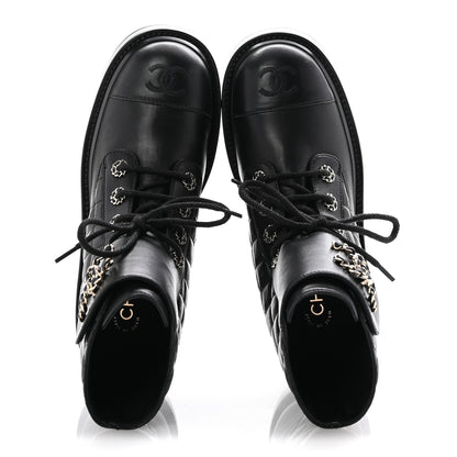 Chanel Shiny Goatskin Calfskin Quilted Lace Up Combat Boots 37 Black 2 of 10