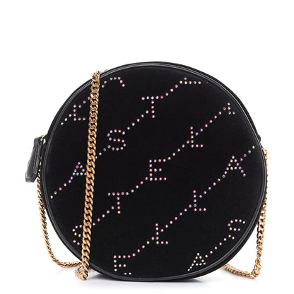 Stella McCartney Velvet Crystal Monogram Mini Round Crossbody Bag Black 1 of 8