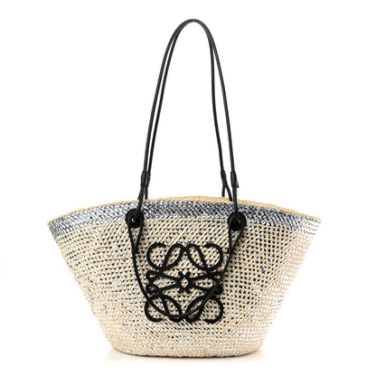 Loewe Calfskin Raffia Paulas Ibiza Sparkling Metallic Anagram Basket Tote Bag Natural Silver 1 of 9