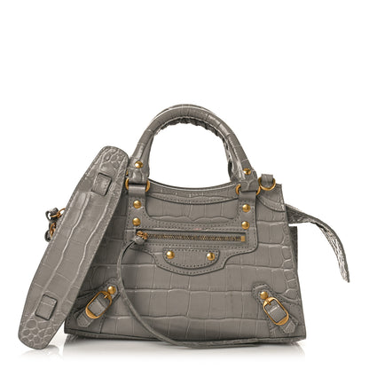 Balenciaga Shiny Supple Calfskin Crocodile Embossed Neo Classic Gold Hardware Mini City Steel Grey 1 of 8