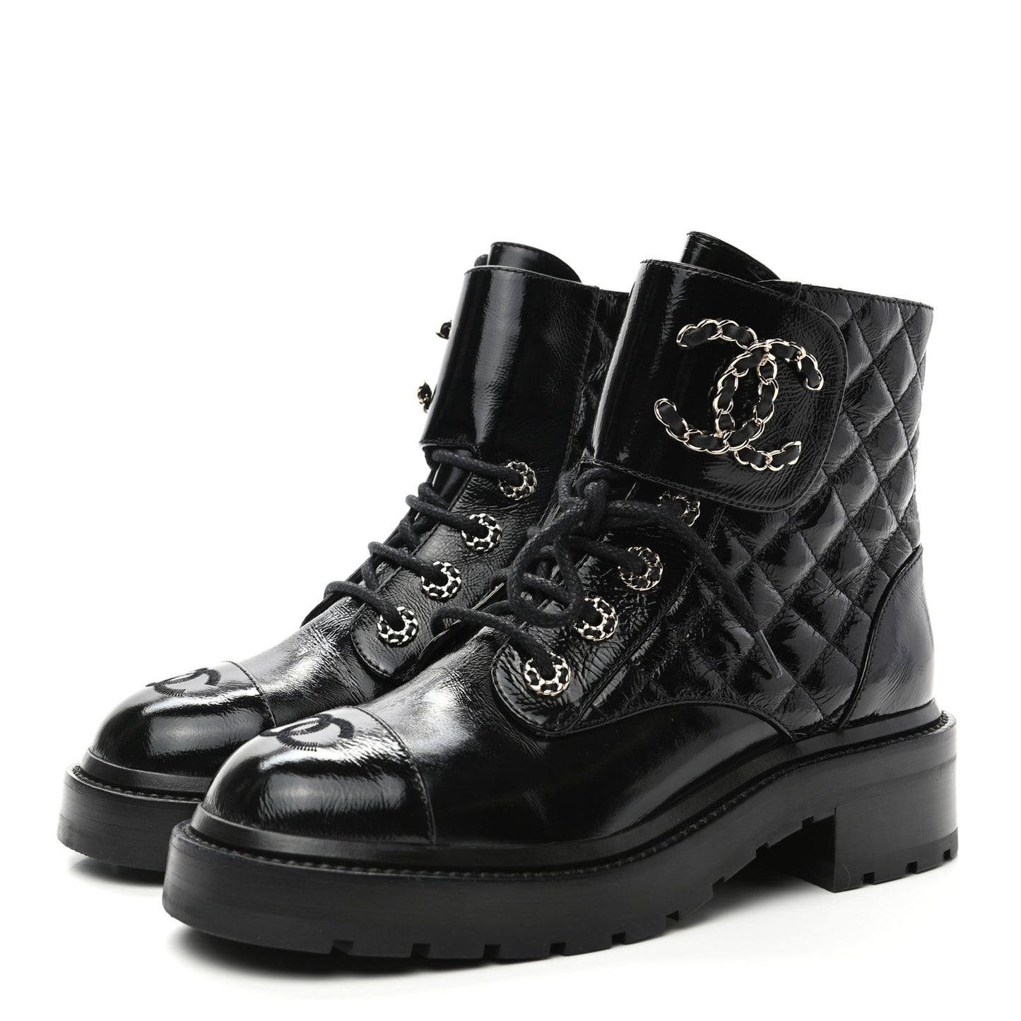 Shiny Calfskin Quilted Lace Up Combat Boots 36.5 Black