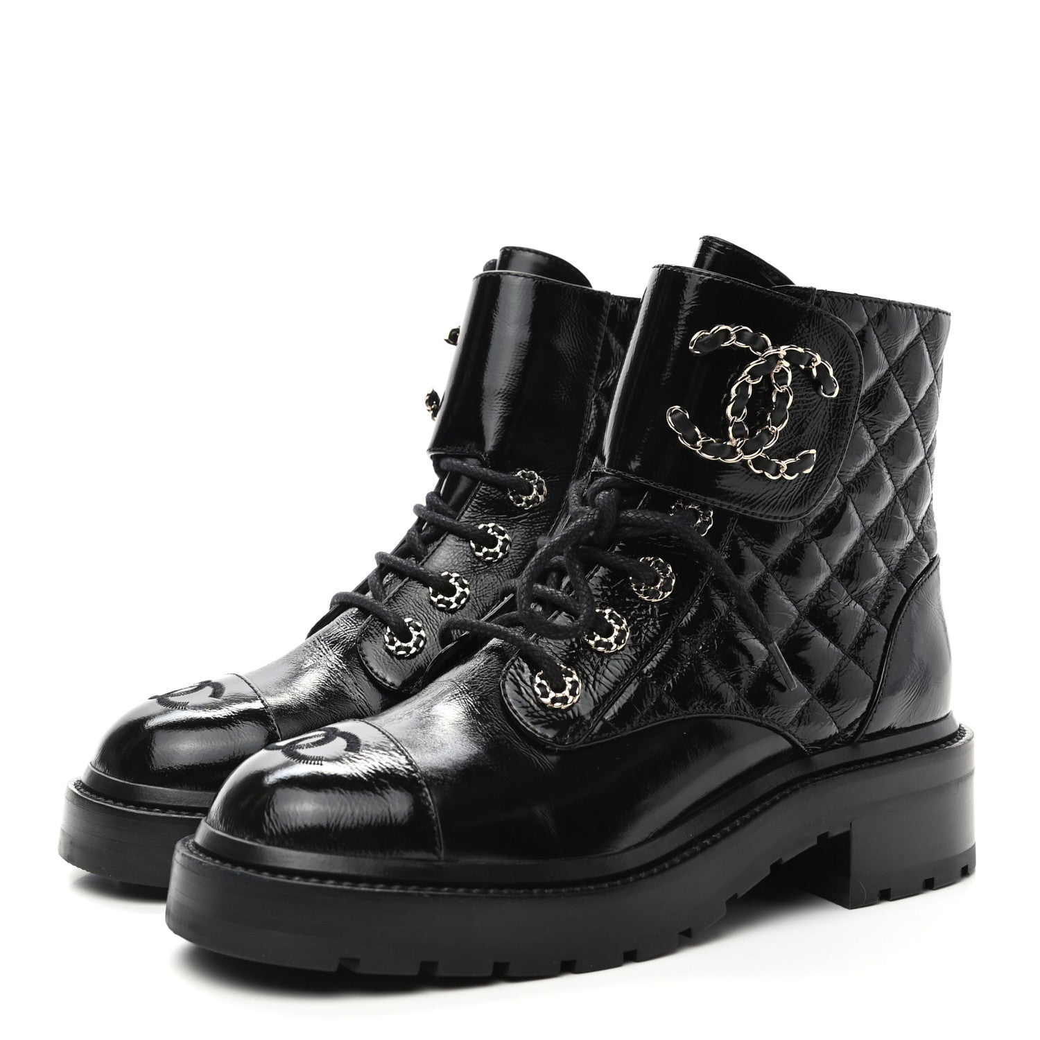 Chanel Shiny Calfskin Quilted Lace Up Combat Boots 36.5 Black 3 of 8