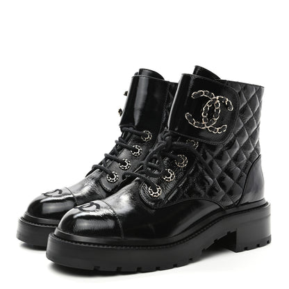 Chanel Shiny Calfskin Quilted Lace Up Combat Boots 36.5 Black 3 of 8