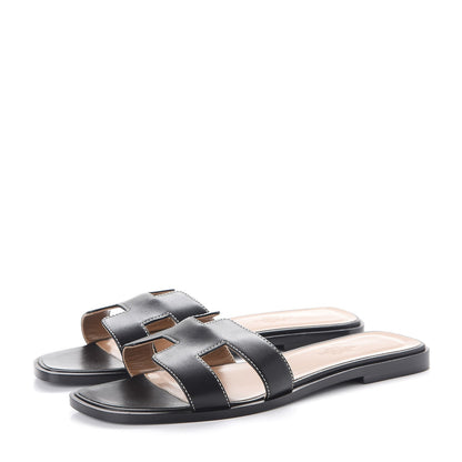 Hermes Box Calfskin Oran Sandals 37 Black 3 of 7