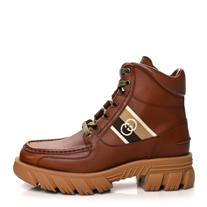 Gucci Quebec Calfskin Web Mens Interlocking G Lace Up Combat Boots 8.5 Cuir Mystic White Ebony Beige 1 of 7