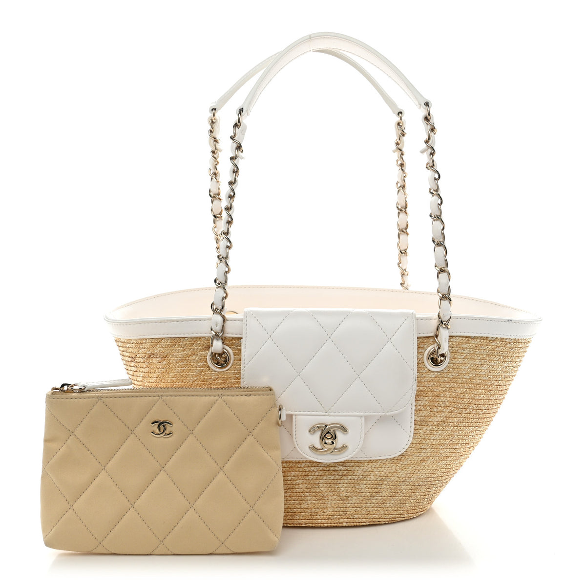 Chanel Raffia Braided Lambskin Small Shopping Tote Beige White 3 of 11