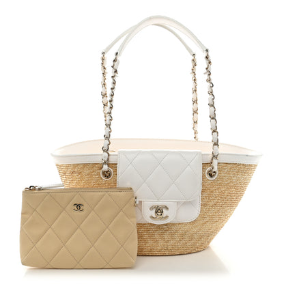 Chanel Raffia Braided Lambskin Small Shopping Tote Beige White 3 of 11