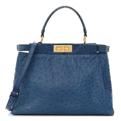 Fendi Ostrich Shiny Nappa Medium Peekaboo Iconic Satchel Blue 1 of 10