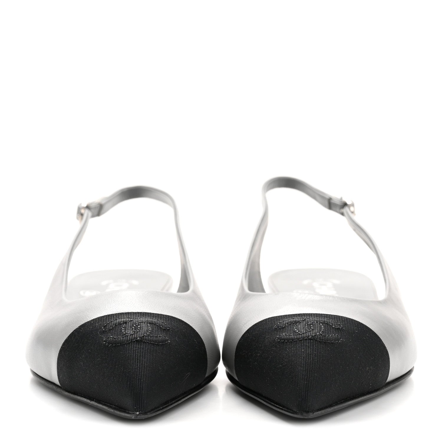 Chanel Goatskin Grosgrain Pointed Toe CC Slingback Flats 36 Gray Black 7 of 27