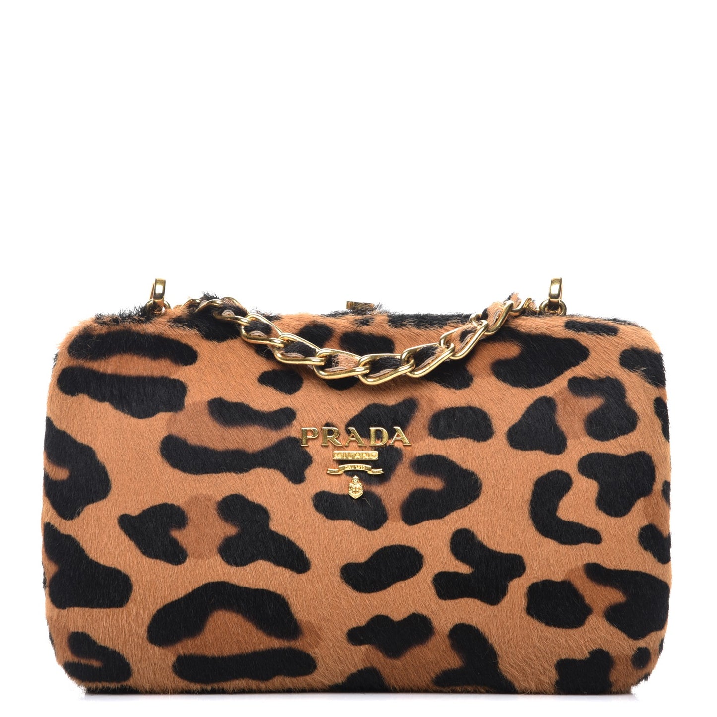 Calf Hair Leopard Print Chain Clutch Miele