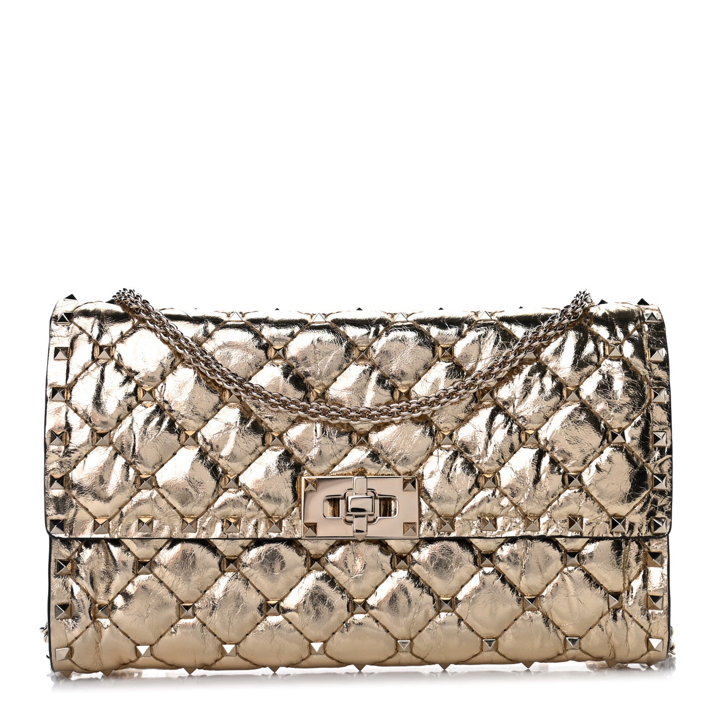 Metallic Wrinkled Lambskin Rockstud Spike Wallet on Chain Mekong