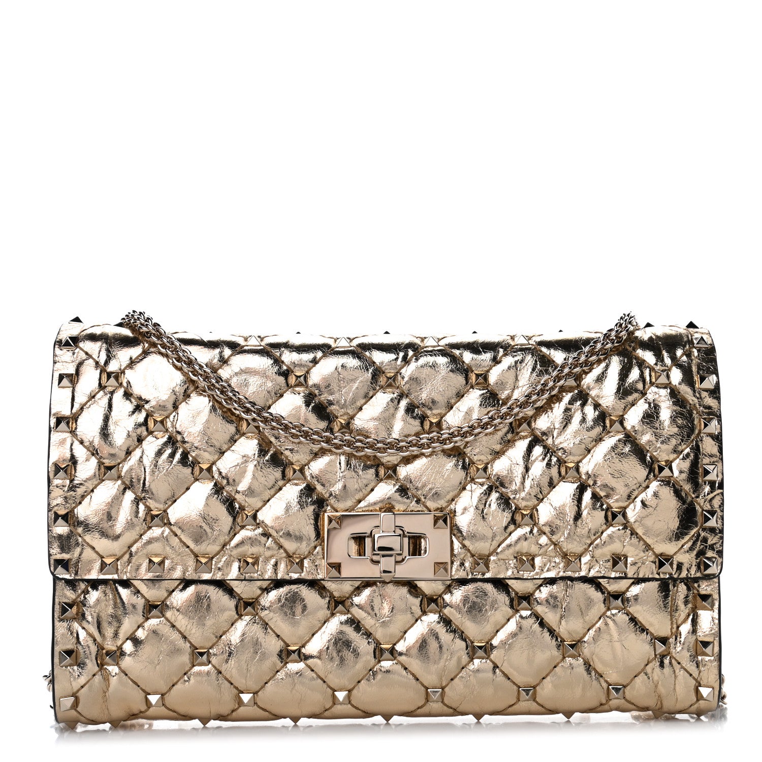 Valentino Garavani Metallic Wrinkled Lambskin Rockstud Spike Wallet on Chain Mekong 1 of 5