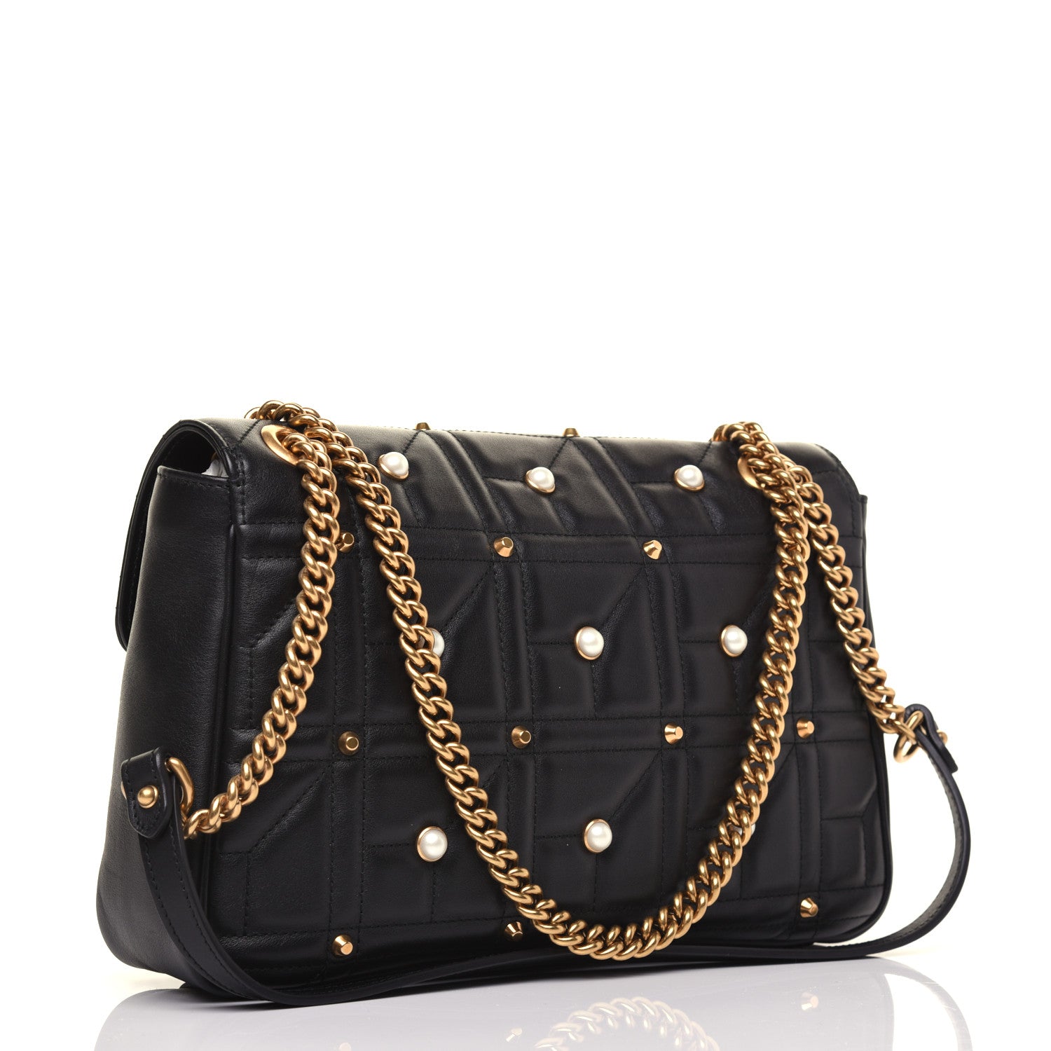 Gucci Calfskin Matelasse Studded Medium Pearly GG Marmont Shoulder Bag Black 3 of 15
