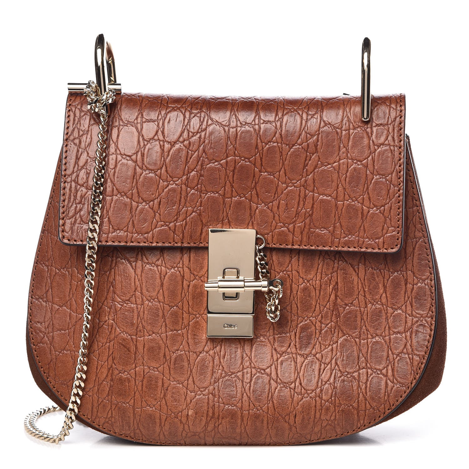 Chloe Calfskin Crocodile Embossed Drew Shoulder Bag Sienna Red 1 of 10