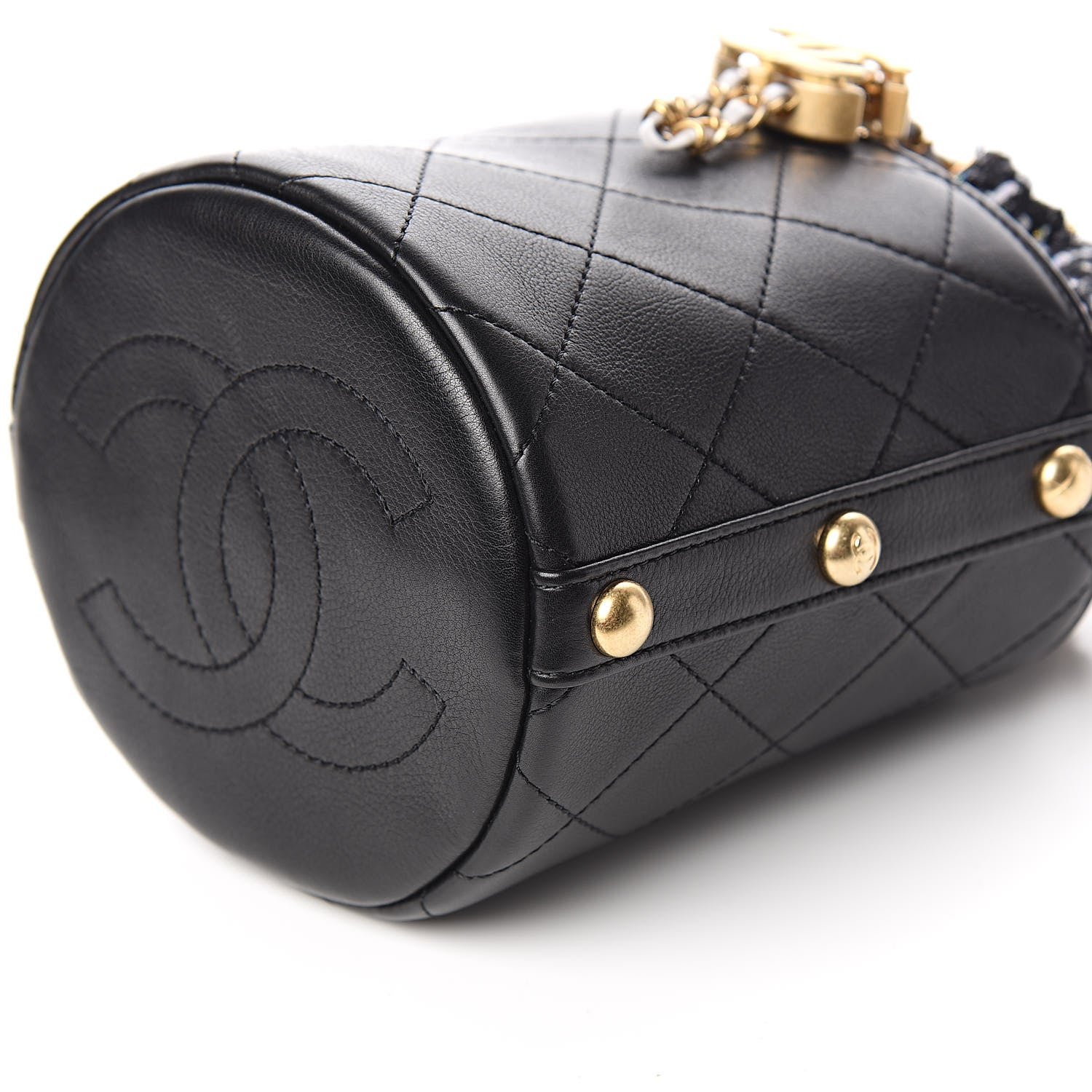 Chanel Calfskin Tweed Small CC Chain Bucket Drawstring Bag Black Multicolor 10 of 10