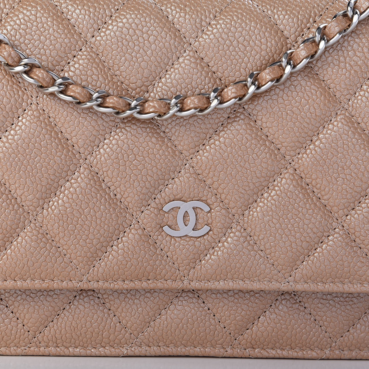 Pearly Caviar Quilted Wallet On Chain WOC Dark Beige