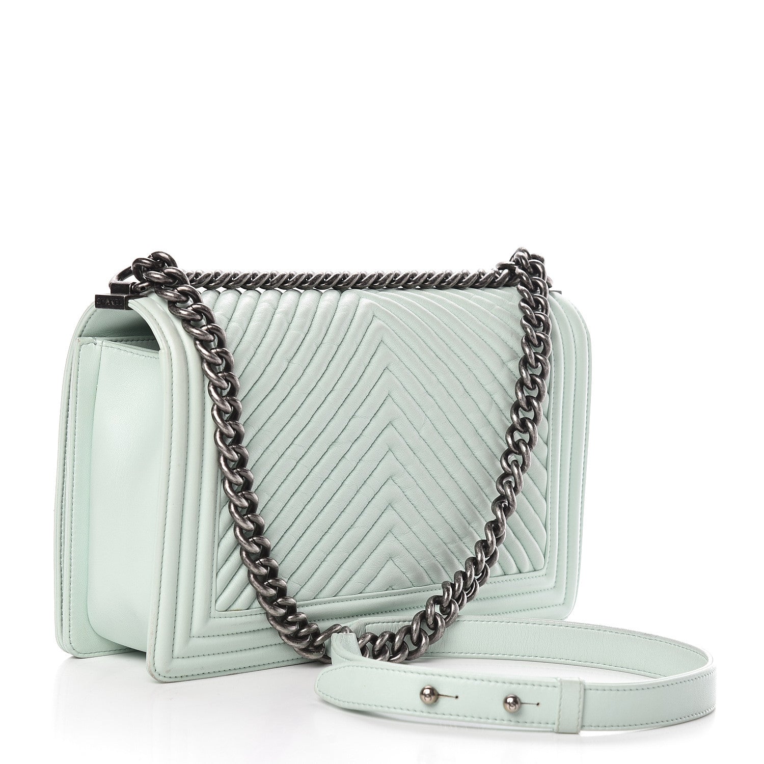 Chanel Wrinkled Lambskin Chevron Quilted New Medium Boy Flap Light Green 3 of 17