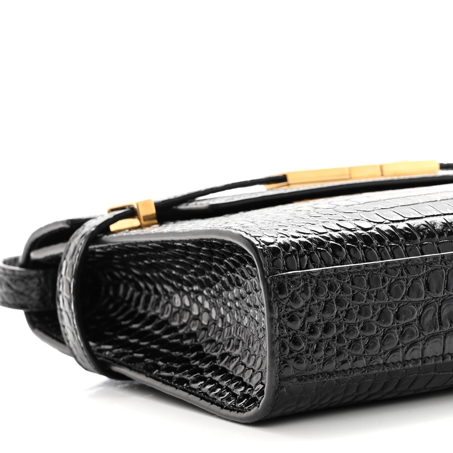 Saint Laurent Shiny Calfskin Crocodile Embossed Small Manhattan Baguette Black 8 of 9