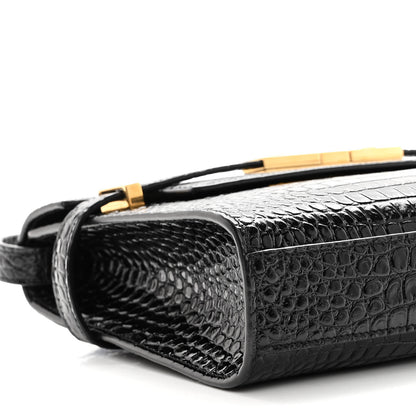 Saint Laurent Shiny Calfskin Crocodile Embossed Small Manhattan Baguette Black 8 of 9