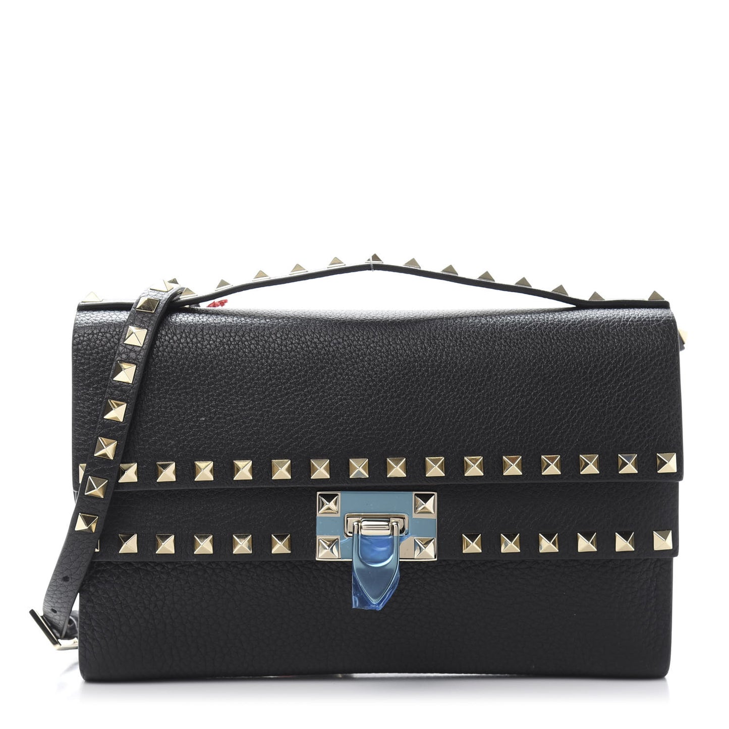 Grainy Calfskin Rockstud Double Flap Crossbody Bag Black