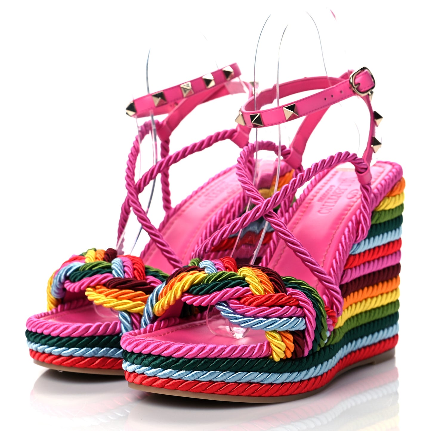 Calfskin Rockstud Ankle Strap Torchon Espadrille 25/115mm Wedge Sandals 37 Feminine Pink Multicolor