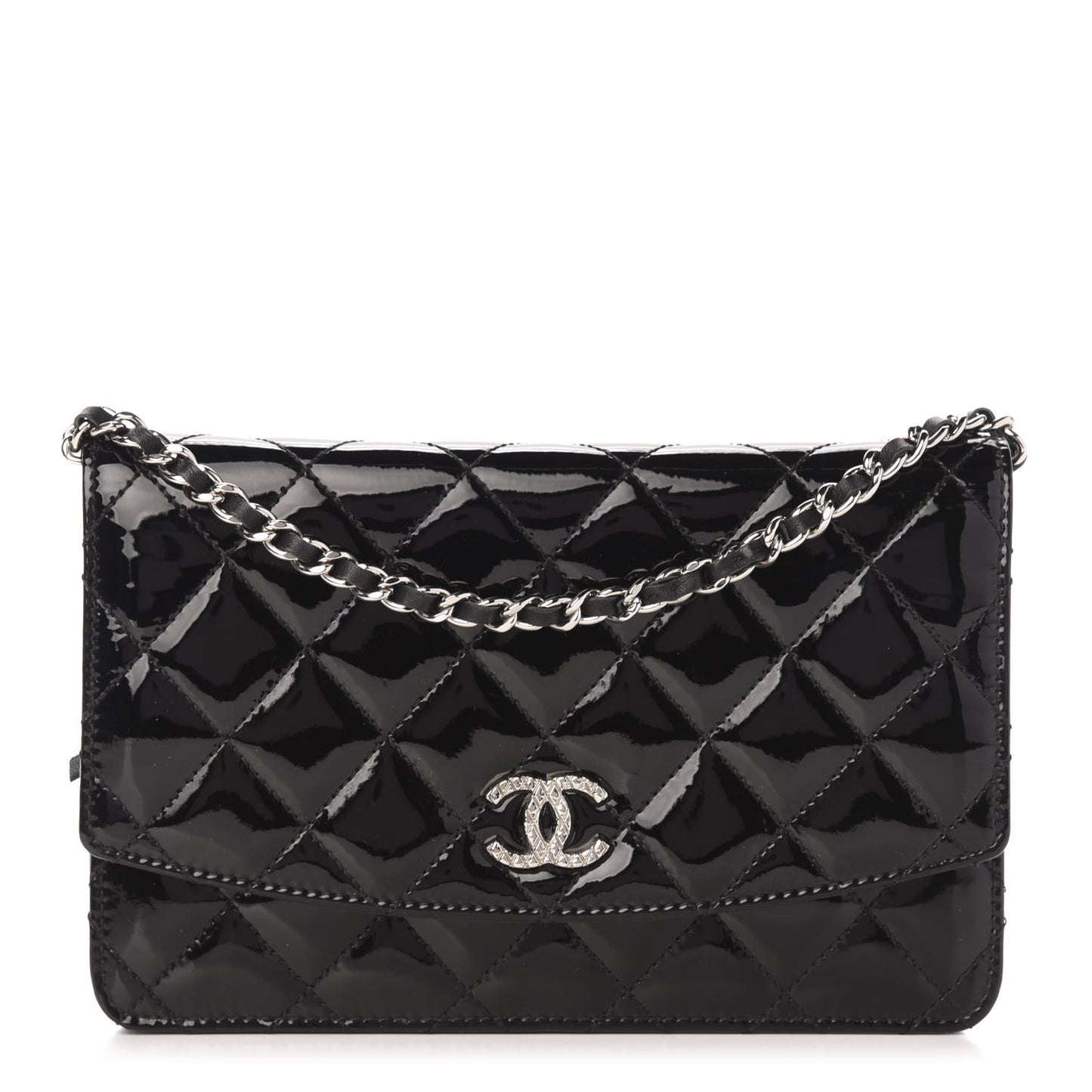 Patent Quilted Brilliant Wallet On Chain WOC Black