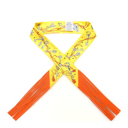 Hermes Silk Calfskin Les Cles A Pois Fringed Twilly Jaune Argent Orange Vif 1 of 4