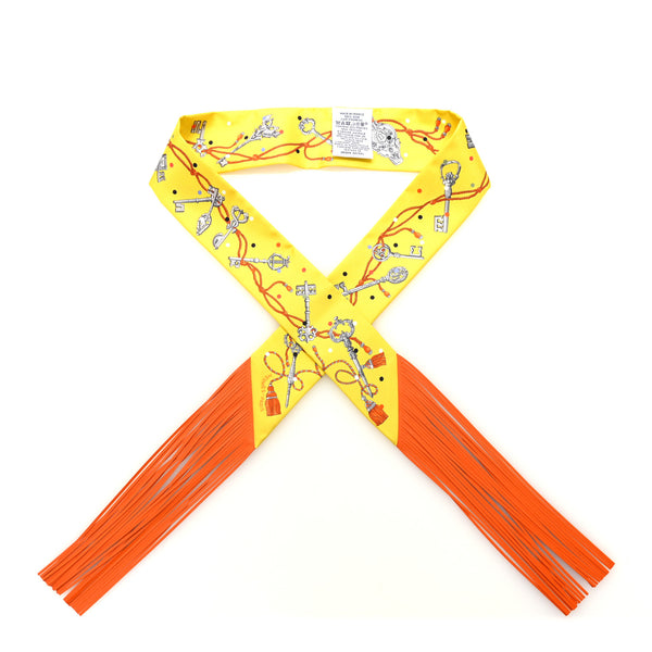 HERMES ツイリー HK-Hermes 100% Silk Yellow Hermes Silk Agneau Les Cles A Pois Fringed Twilly Jaune Argent