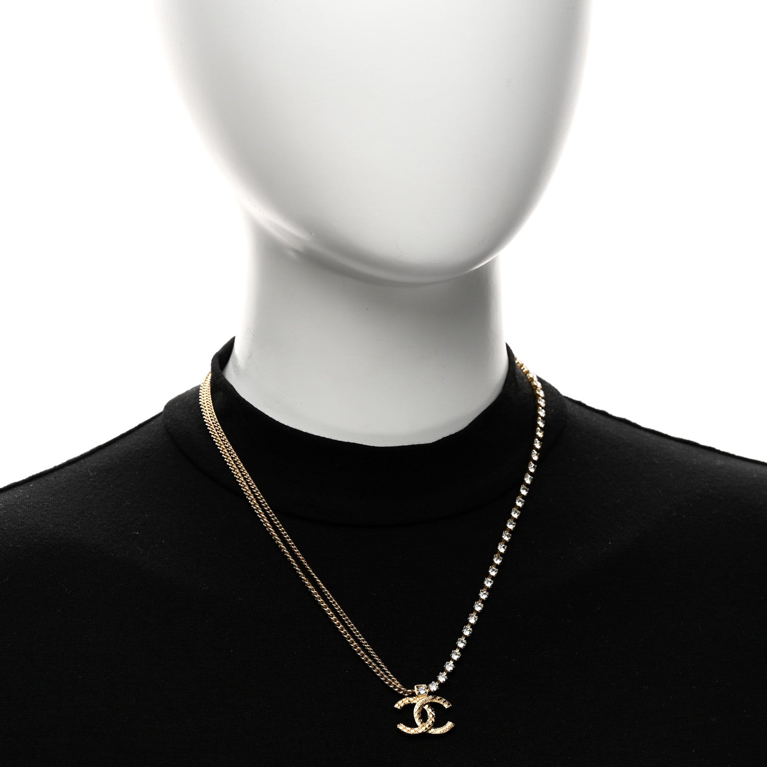 Chanel Metal Crystal Quilted CC Pendant Necklace Gold 2 of 6