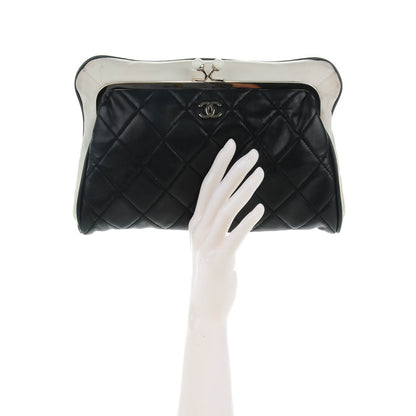 Chanel Lambskin Quilted Pearl Kiss Lock Clutch Black White 2 of 7