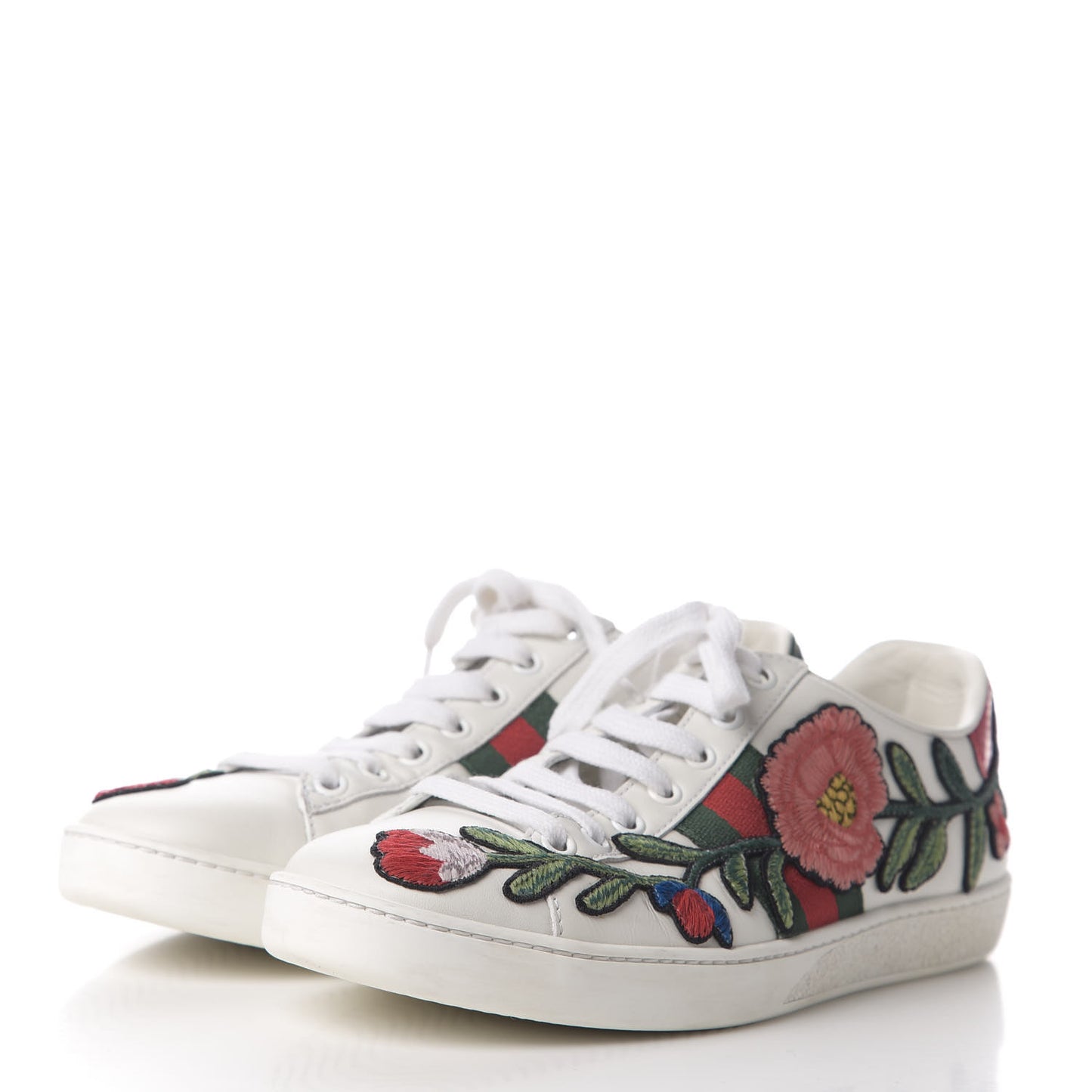 Calfskin Web Floral Embroidered Ace Sneakers 38 White