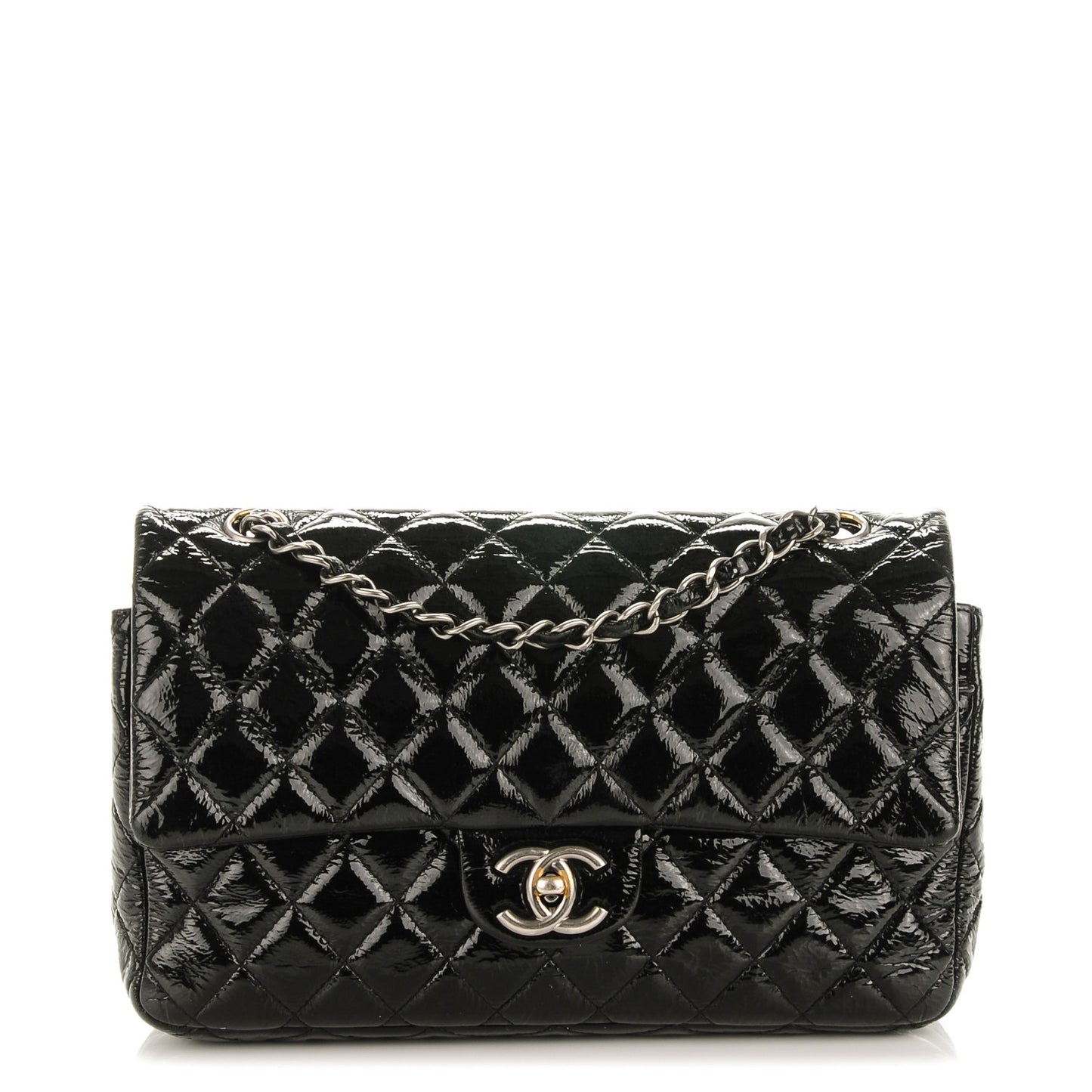 Distressed Patent Quilted Medium Double Flap Black