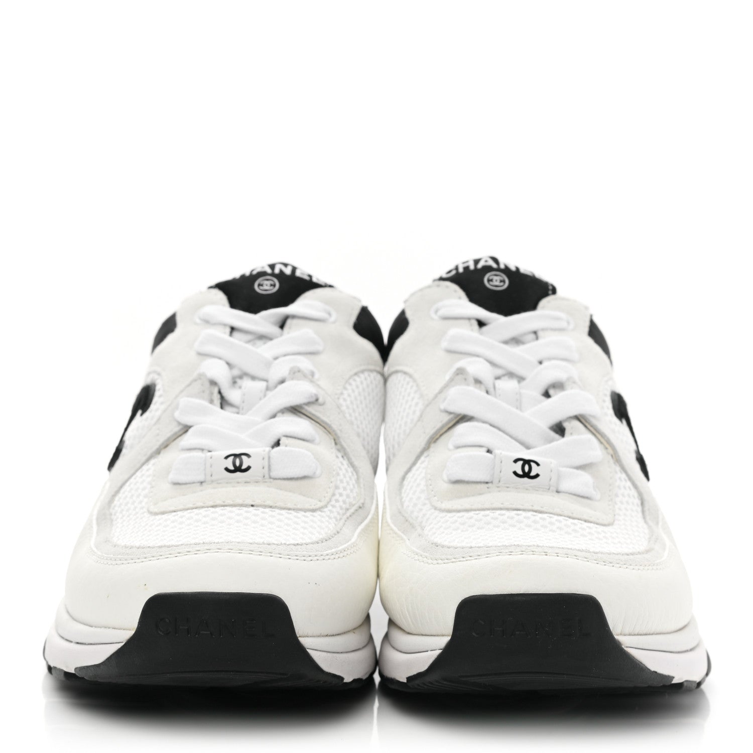 Chanel Mesh Suede Calfskin Grained Calfskin Womens CC Sneakers 37 White Black 2 of 7