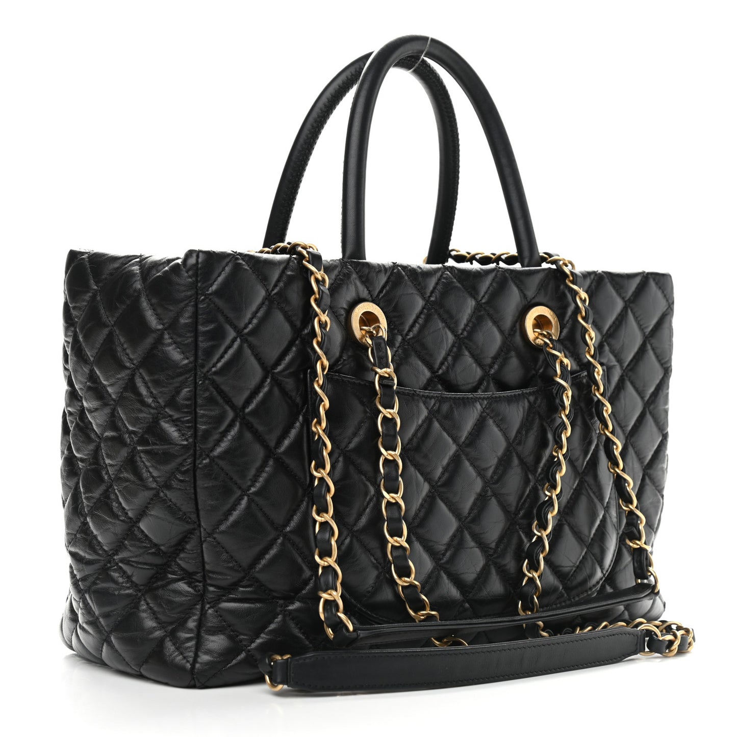 Aged Calfskin Quilted Coco Handle Shopping Tote Black