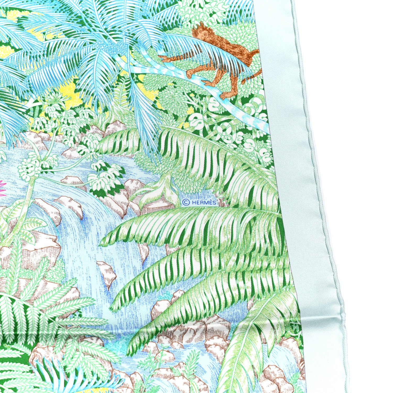 Hermes Silk Twill Faubourg Tropical Scarf 90 Bleu Vert Jaune 3 of 6
