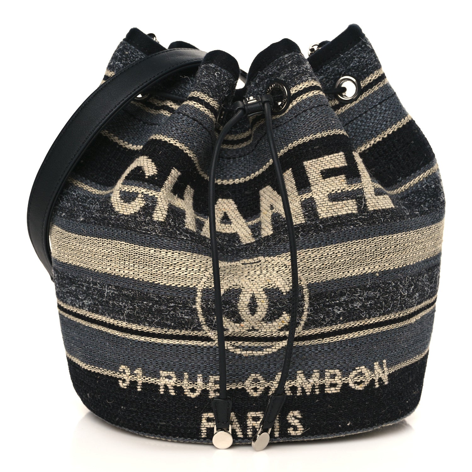 Chanel Striped Canvas Deauville Drawstring Bag Grey Black 1 of 8