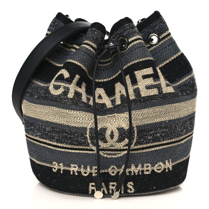 Chanel Striped Canvas Deauville Drawstring Bag Grey Black 1 of 8
