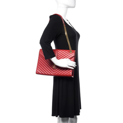Saint Laurent Lambskin Matelasse Chevron Large Monogram Satchel Red 2 of 20
