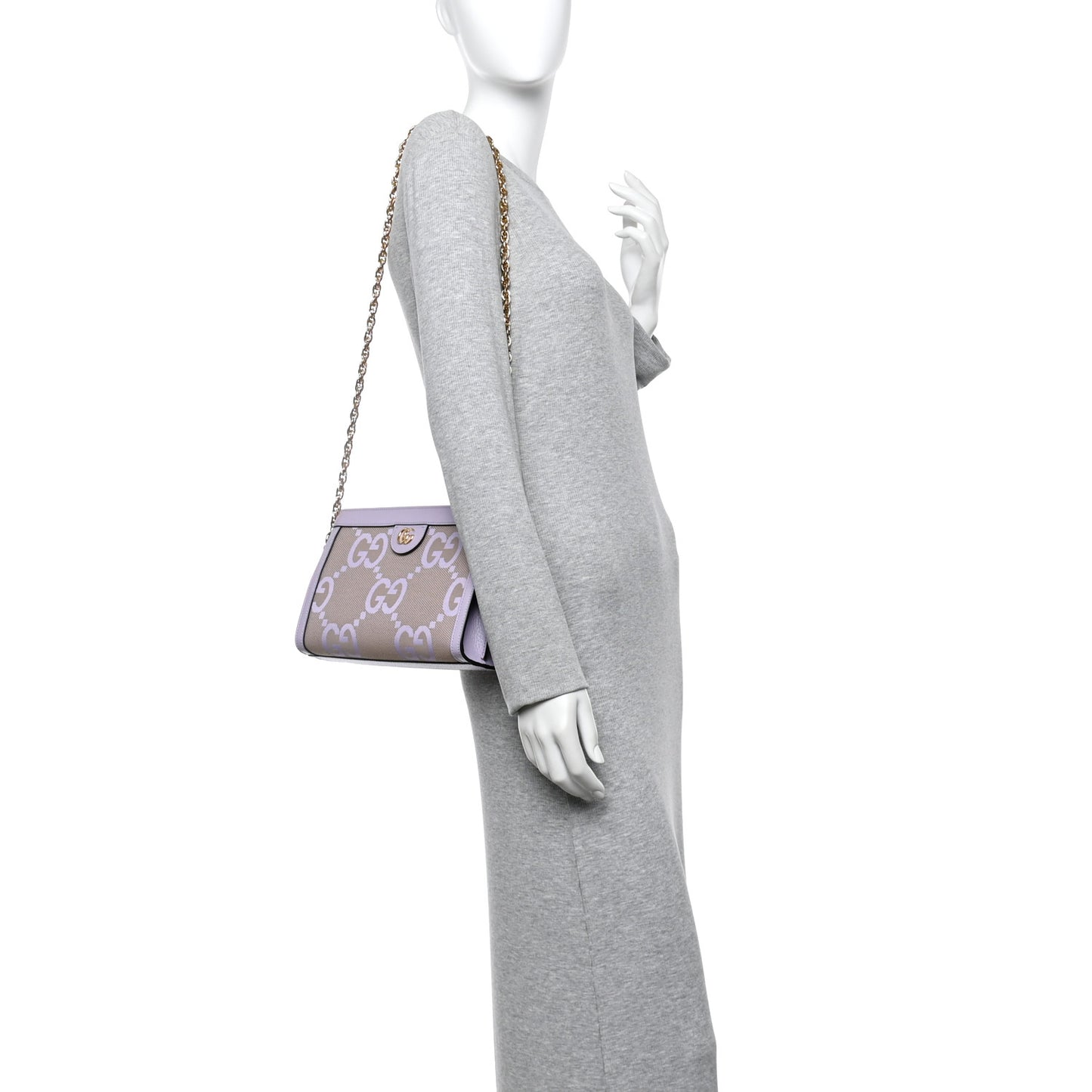 Monogram Jumbo GG Textured Dollar Calfskin Small Ophidia Chain Shoulder Bag Beige Lapis
