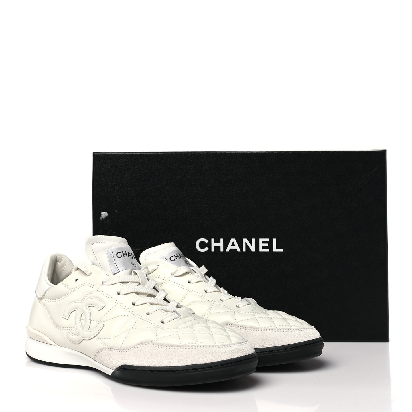 Shiny Calfskin Suede Quilted CC Logo Sneakers 40 White