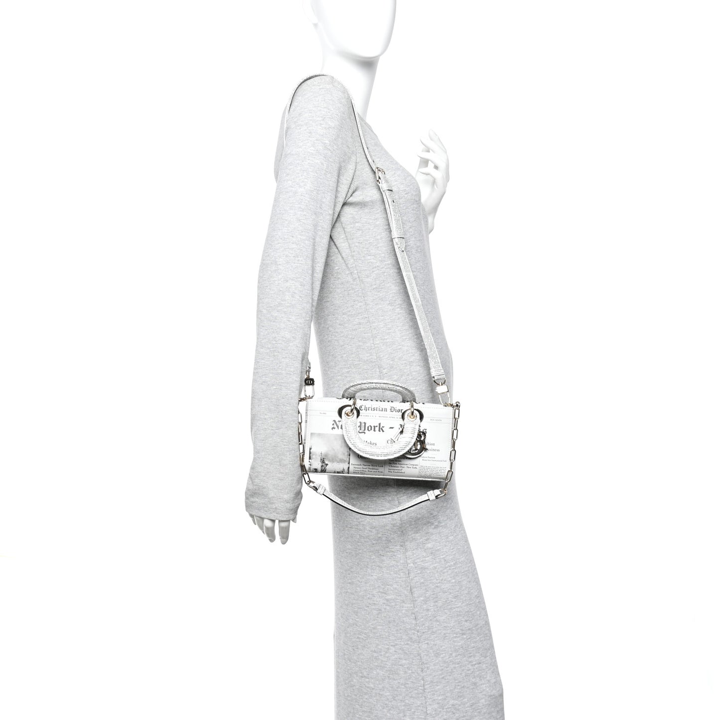 Calfskin Newspaper Printed Small Lady D-Joy Black White