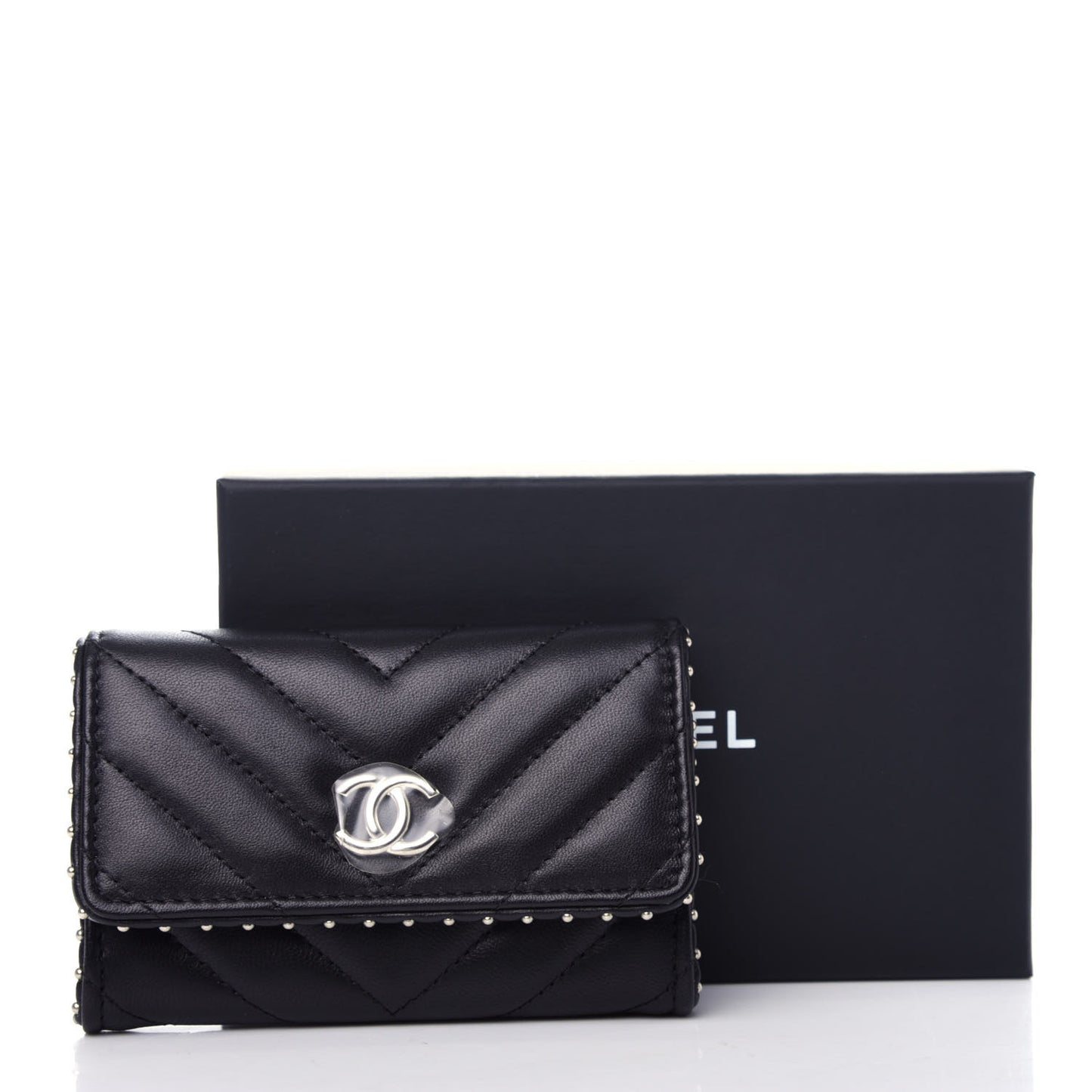 Lambskin Chevron Quilted Studded Card Holder Black