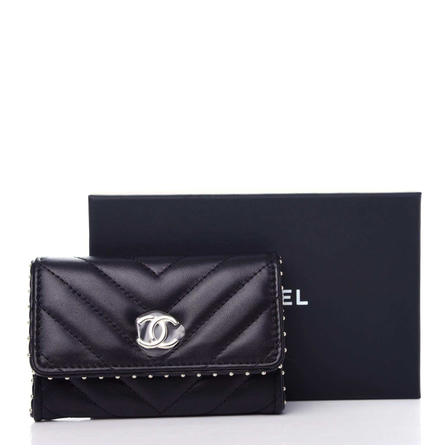 Chanel Lambskin Chevron Quilted Studded Card Holder Black 9 of 9