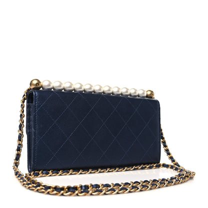 Chanel Goatskin Quilted Chic Pearls Clutch With Chain Navy 3 of 13