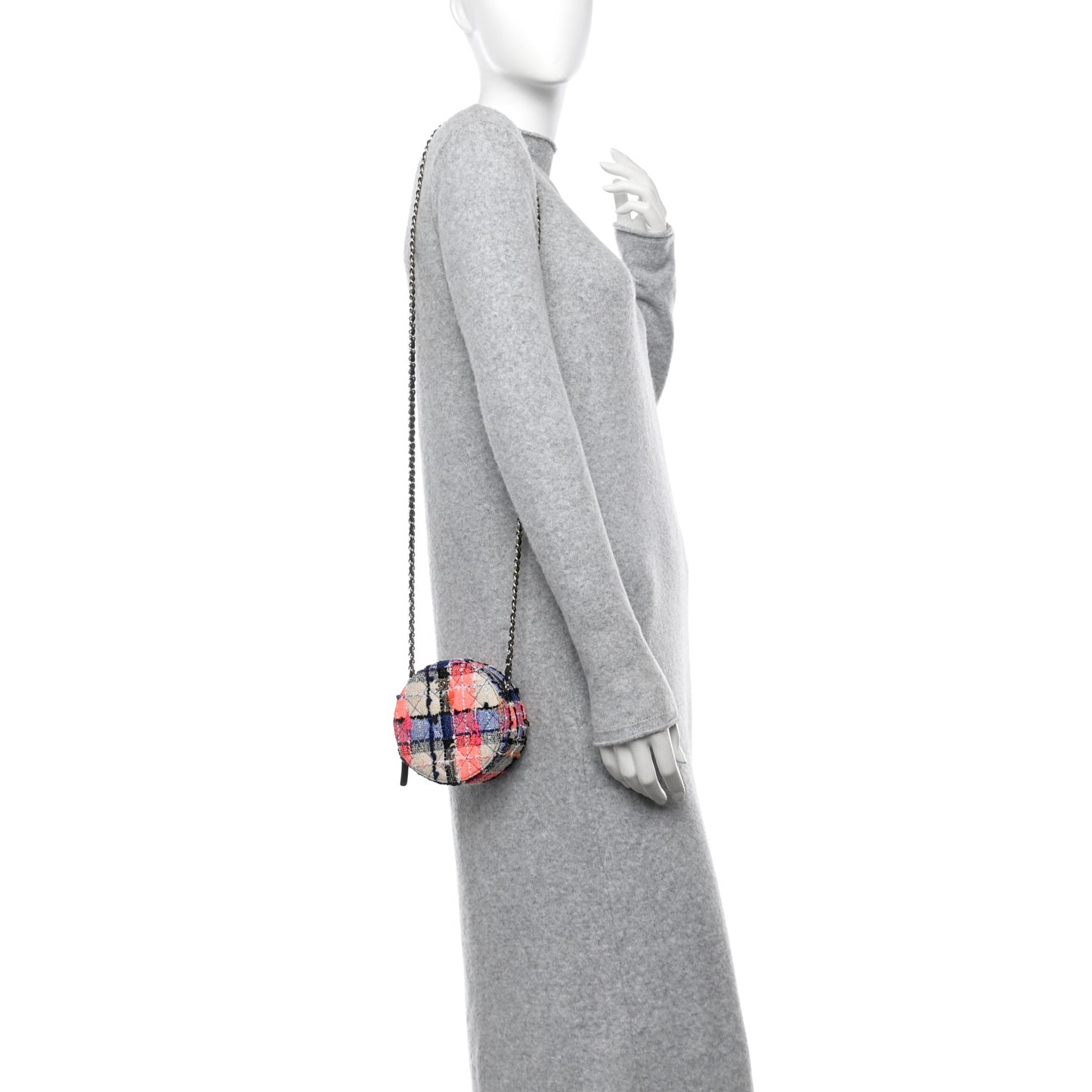 Tweed Quilted Round Clutch With Chain Blue Orange Multicolor