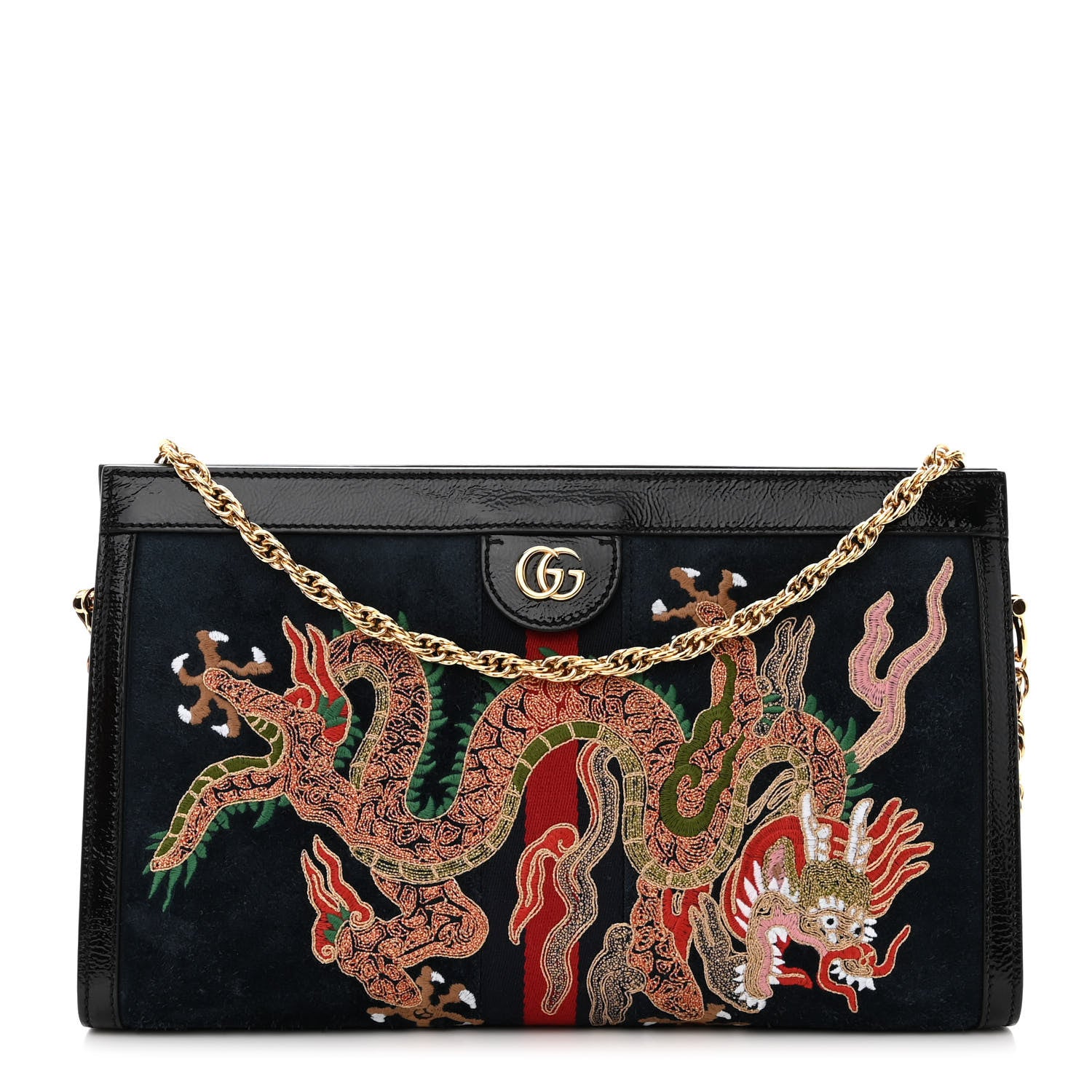 Gucci Suede Patent Web Dragon Embroidered Medium Ophidia Chain Shoulder Bag Blue Multicolor Black 1 of 10