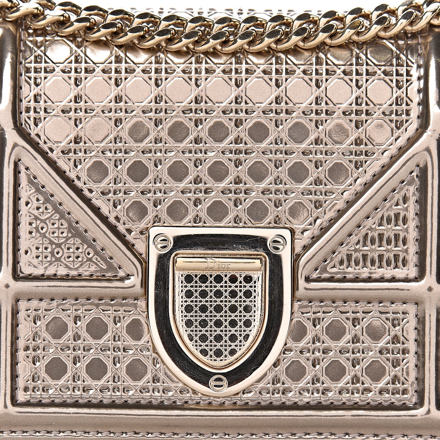 Metallic Patent Micro-Cannage Baby Diorama Flap Bag Champagne