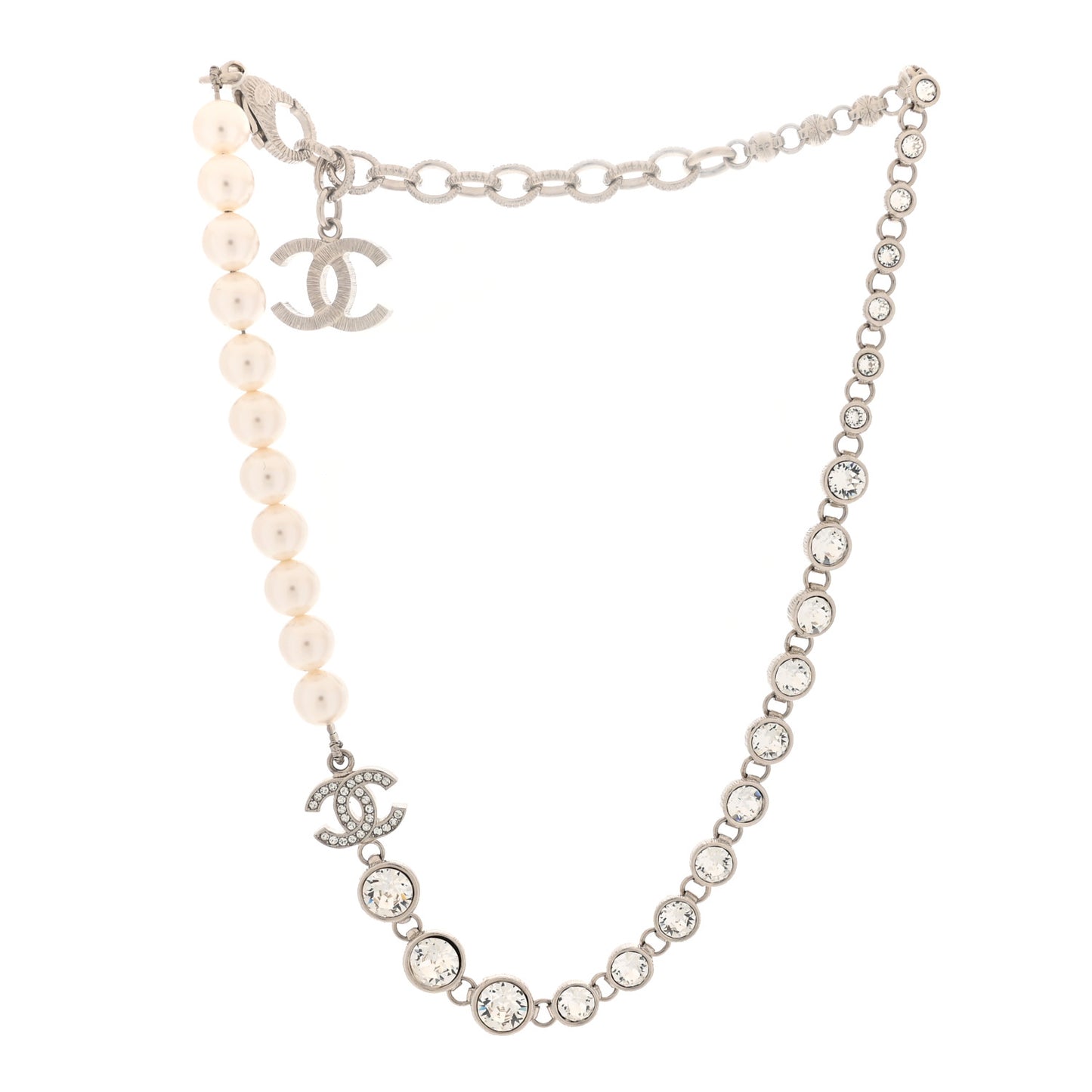 Pearl Crystal CC Choker Necklace Silver