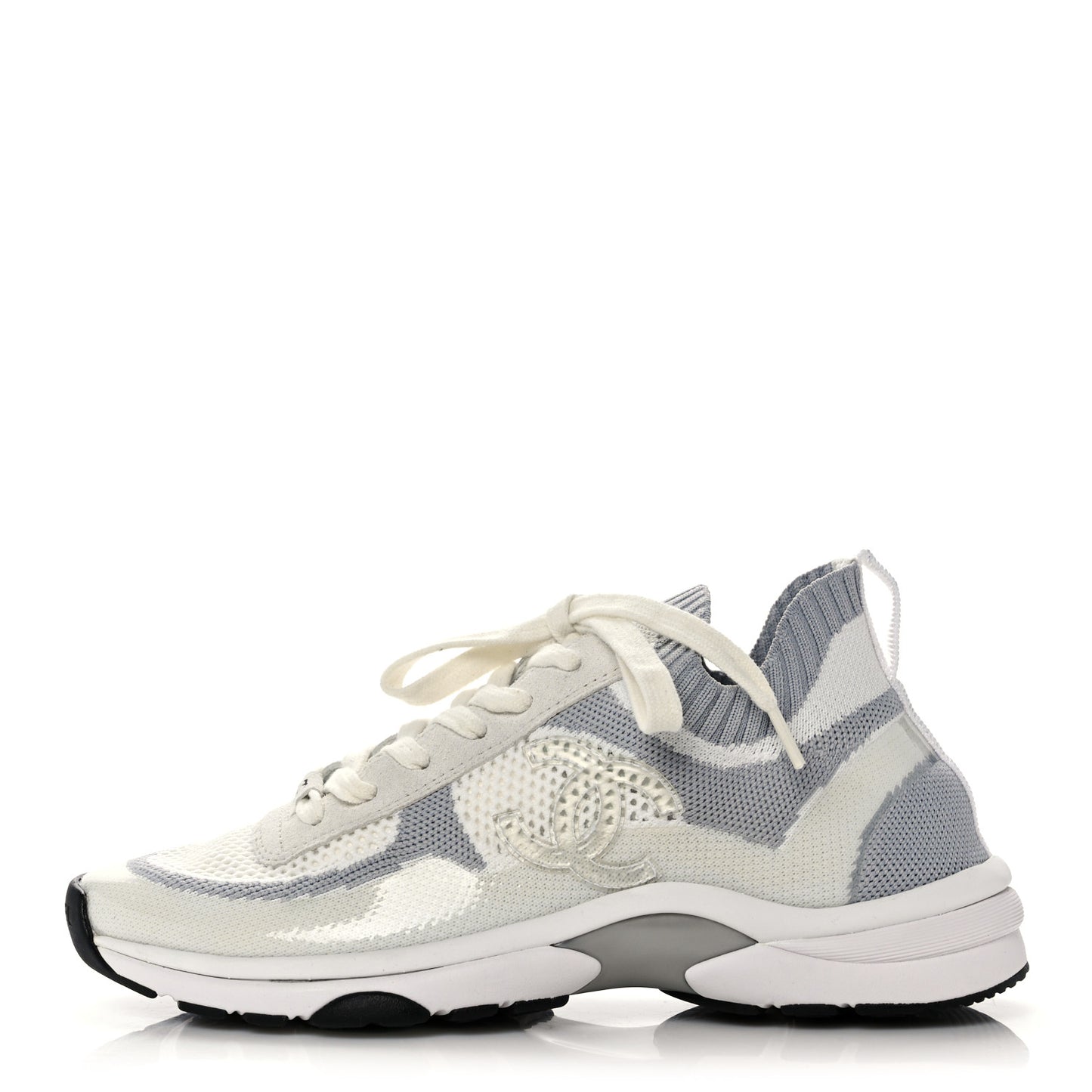 Fabric Suede Calfskin Stretch CC Sneakers 38 White Grey