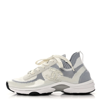 Chanel Fabric Suede Calfskin Stretch CC Sneakers 38 White Grey 1 of 7